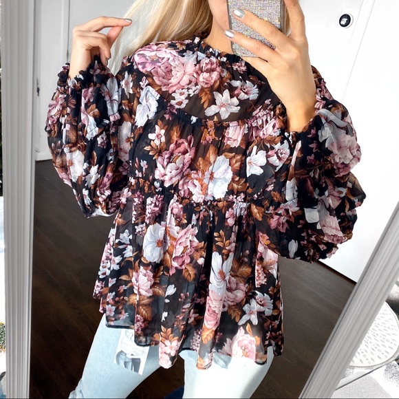 🍂 O.P.T ANTHROPOLOGY BOHO FLORAL 2-in-1 BLACK RUST RUFFLE BAGGY LONG SLEEVE TOP - Picture 2 of 16